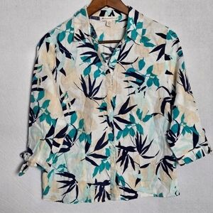 JM Collection Women LINEN 3/4 Sleeve Button-Down Tropical Hawaiian Shirt Sz 10P